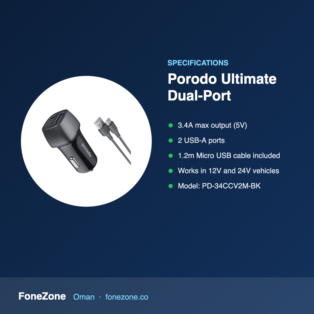 Specifications – Porodo Ultimate Dual-Port Car Charger 3.4A with 1.2m Micro USB Cable