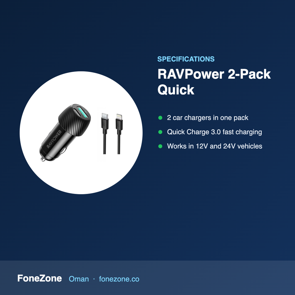 Specifications – RAVPower 2-Pack Quick Charge 3.0 Car Charger Combo