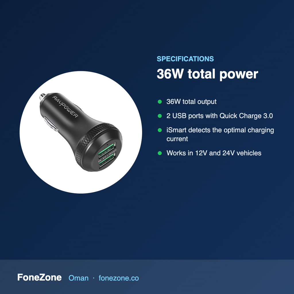 Specifications – RAVPower 36W QC 3.0 Dual USB Car Charger with iSmart