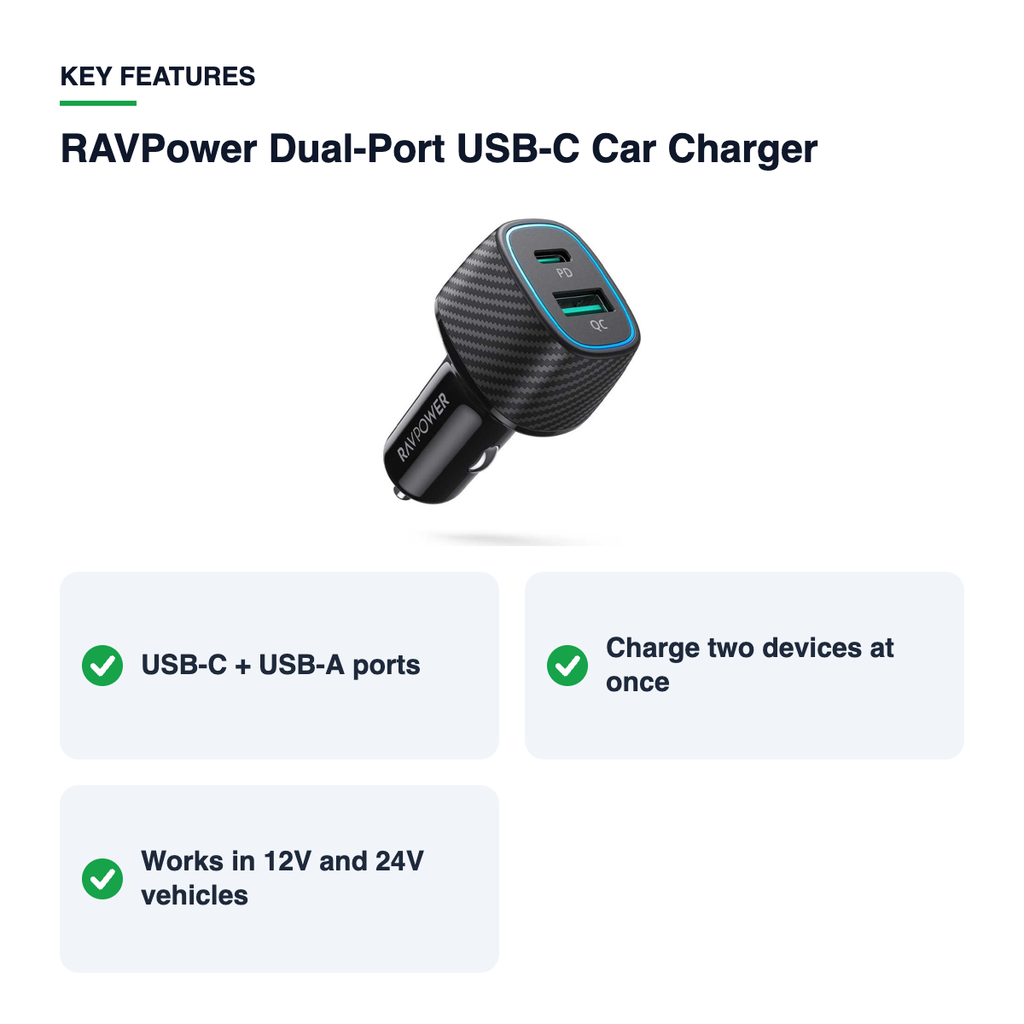 Key features – RAVPower Dual-Port USB-C Car Charger – Black