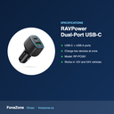 Specifications – RAVPower Dual-Port USB-C Car Charger – Black
