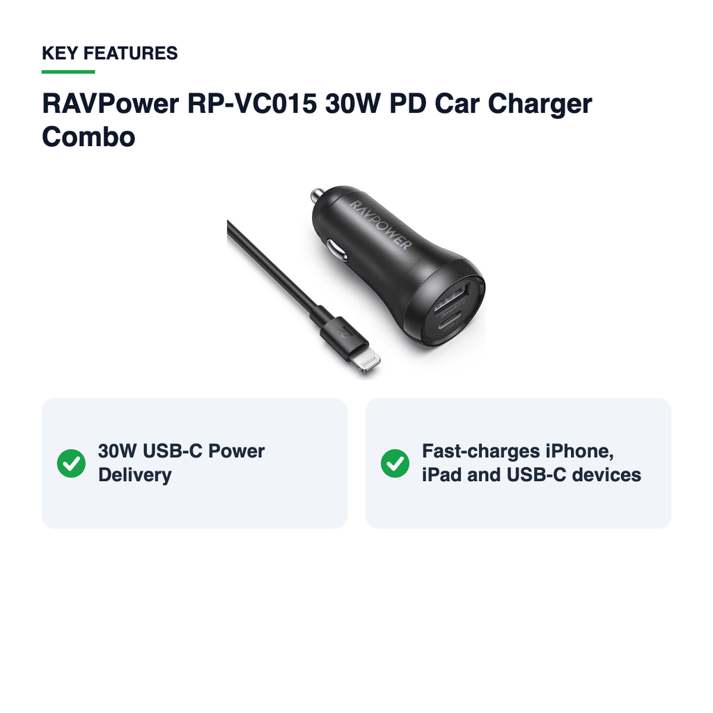 Key features – RAVPower RP-VC015 30W PD Car Charger Combo – Black