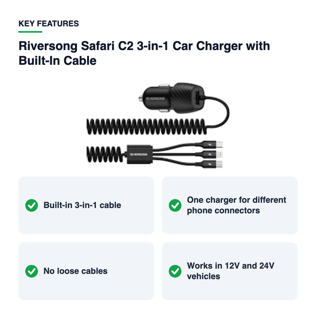 Key features – Riversong Safari C2 3-in-1 Car Charger with Built-In Cable