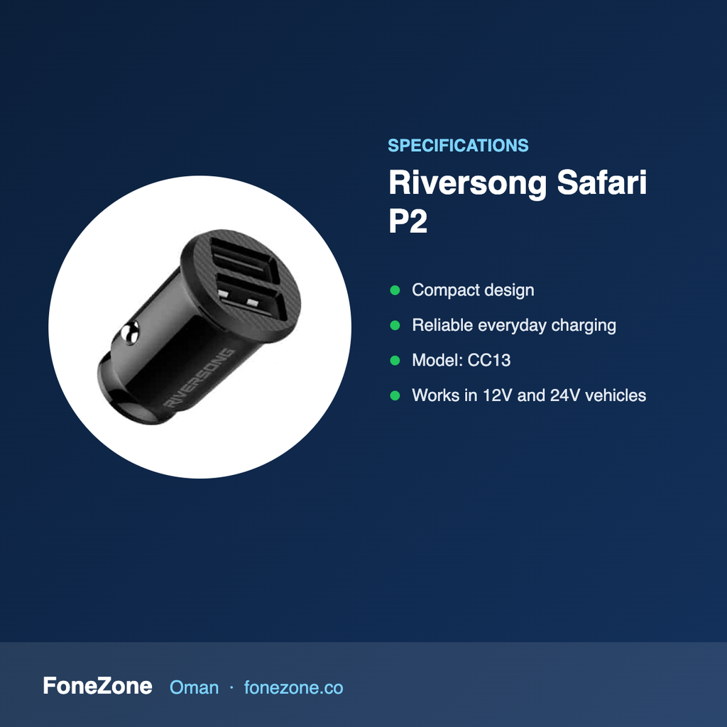 Specifications – Riversong Safari P2 CC13 Car Charger – Black