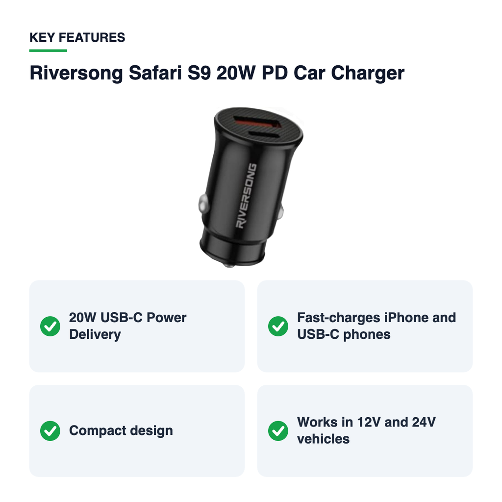 Key features – Riversong Safari S9 20W PD Car Charger – Black