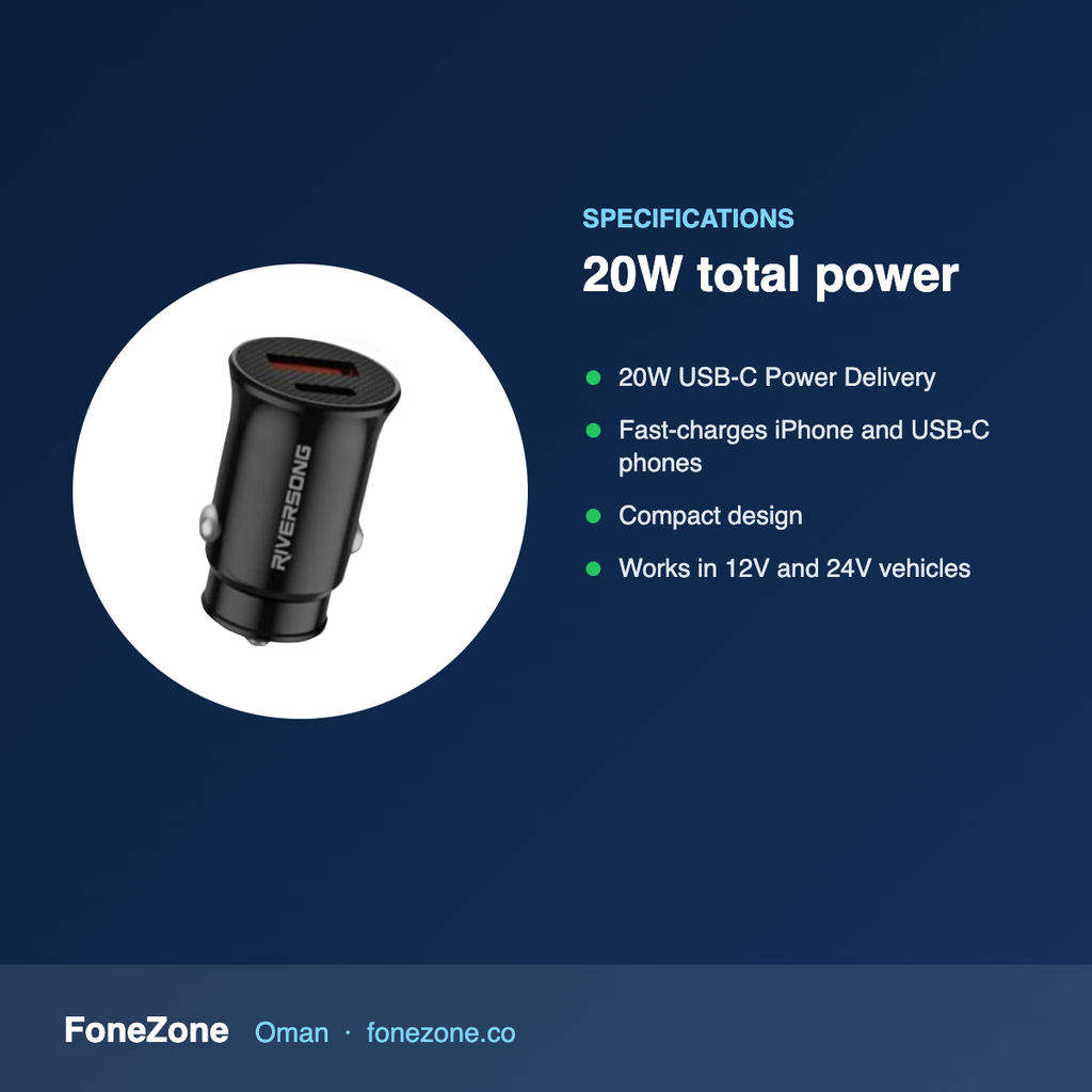 Specifications – Riversong Safari S9 20W PD Car Charger – Black