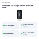Key features – Aukey 18W Car Charger with 1m Micro USB Cable – Black