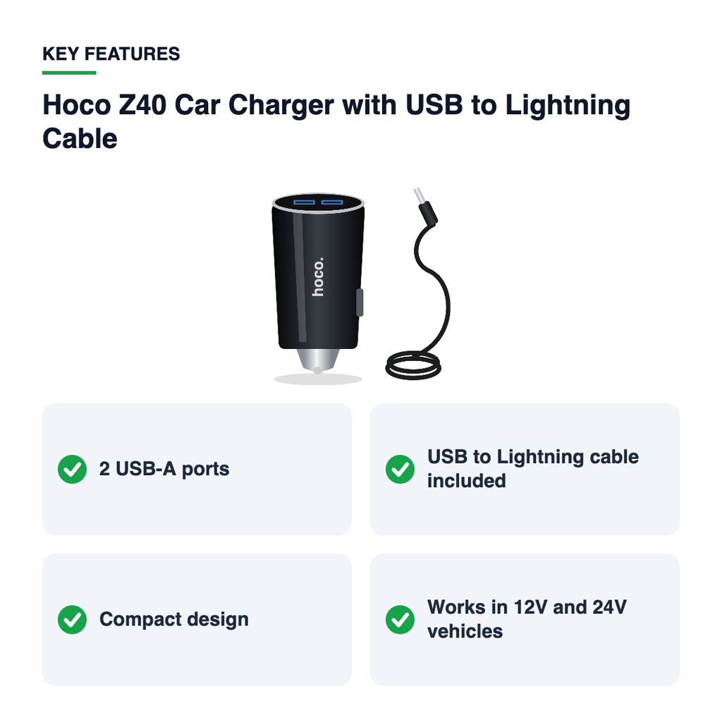 Key features – Hoco Z40 Car Charger with USB to Lightning Cable