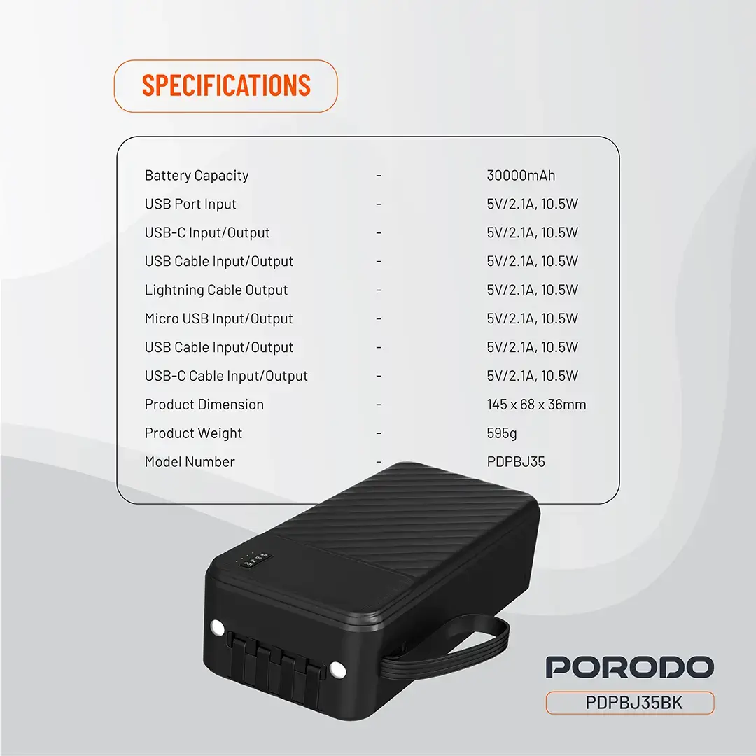 Porodo Piano 30000mAh Power Bank with Built-in Cables – Black – Official image 2