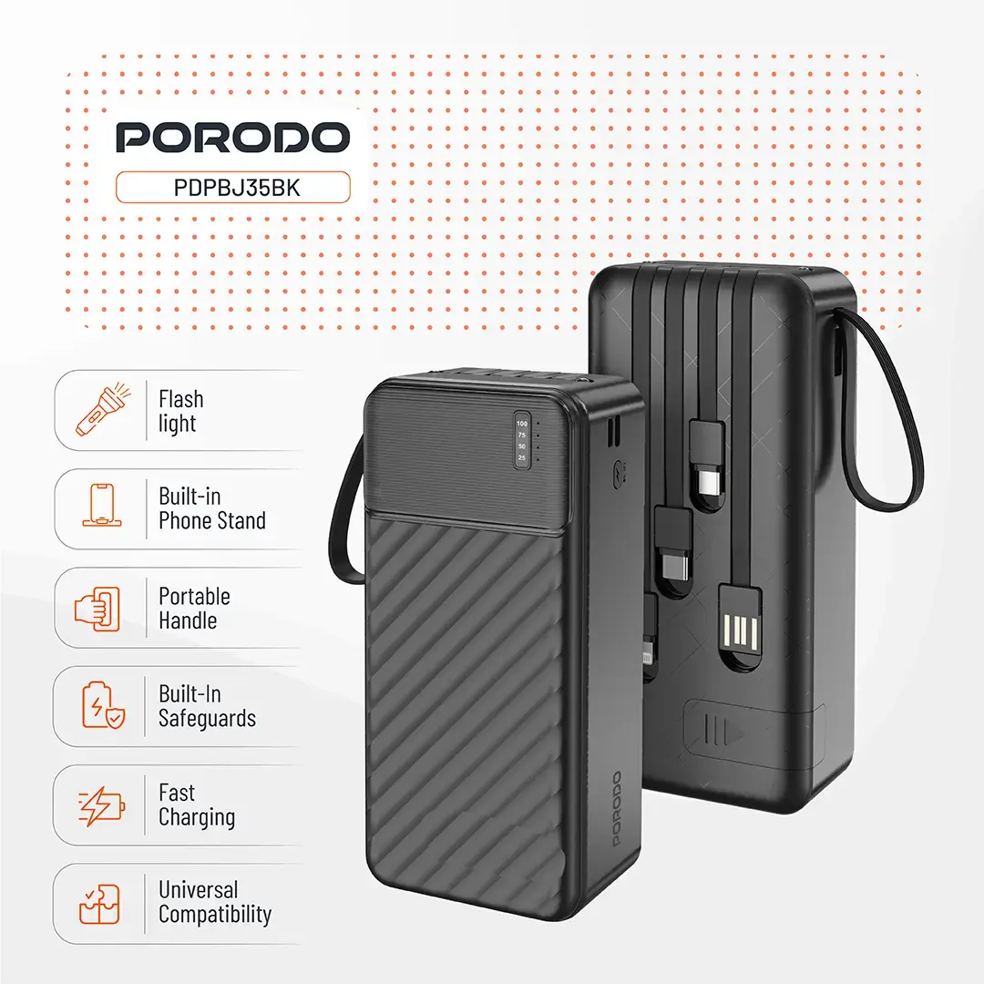 Porodo Piano 30000mAh Power Bank with Built-in Cables – Black – Official image 3