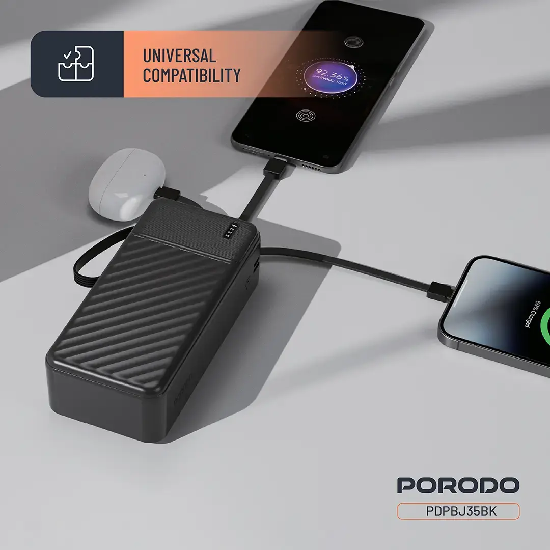 Porodo Piano 30000mAh Power Bank with Built-in Cables – Black – Official image 8