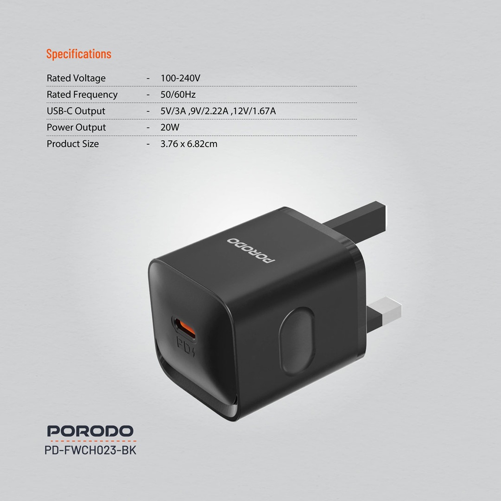 Porodo USB-C PD 20W Wall Charger – Black – Official image 9