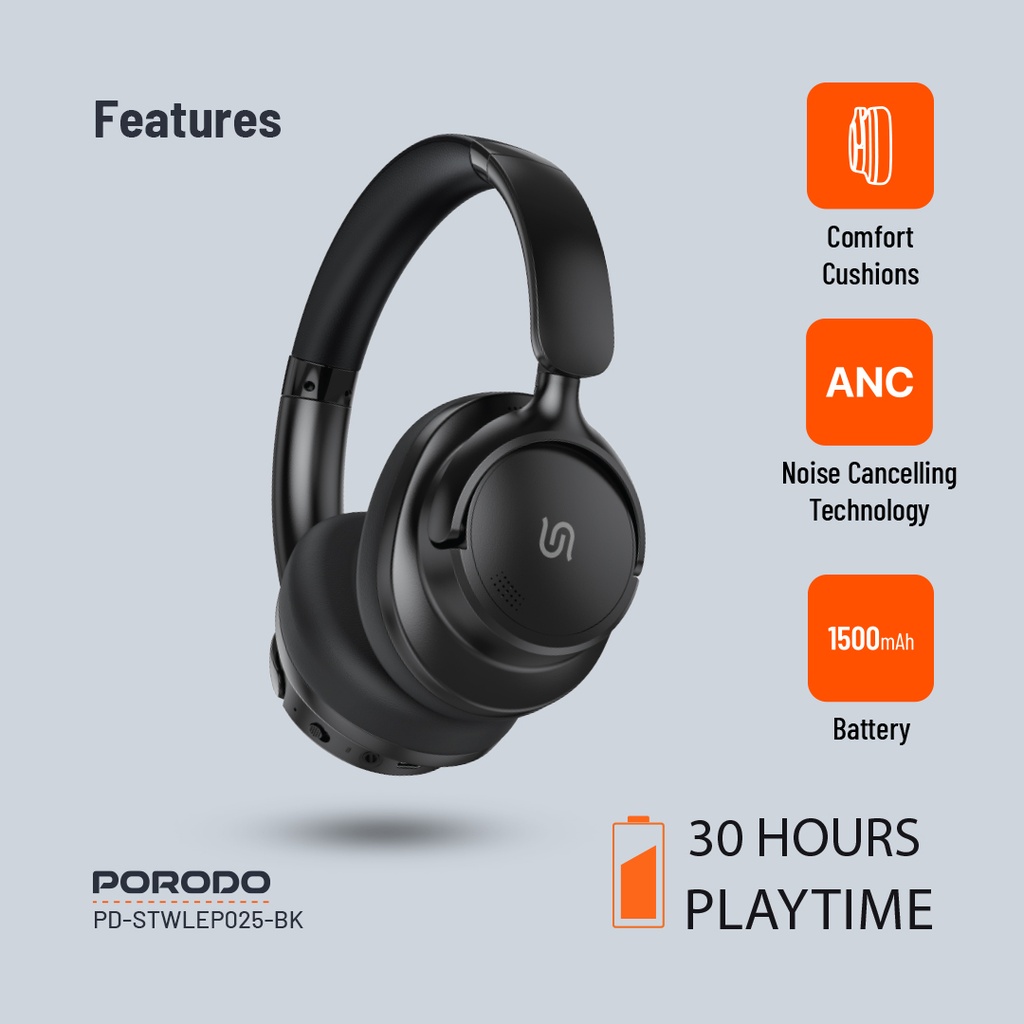 Porodo Soundtec Zen ANC Wireless Headphones – Black – Official image 4