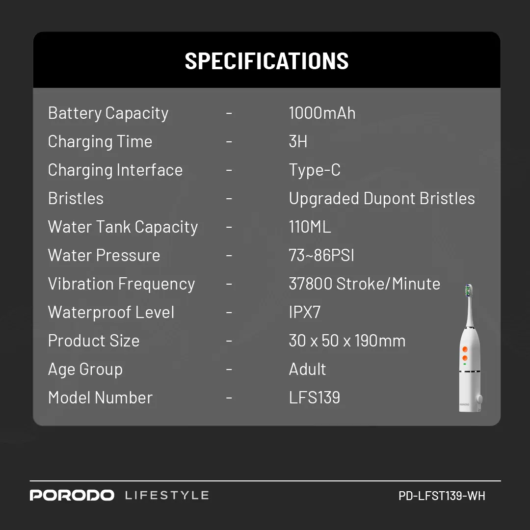 Porodo Lifestyle Water Flosser & Sonic Electric Toothbrush – White – Official image 5