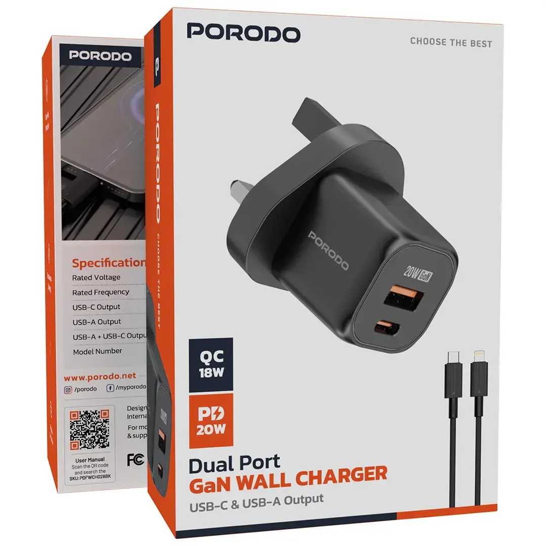 Porodo Dual-Port UK Wall Charger with Lightning Cable – Black – Official image 2
