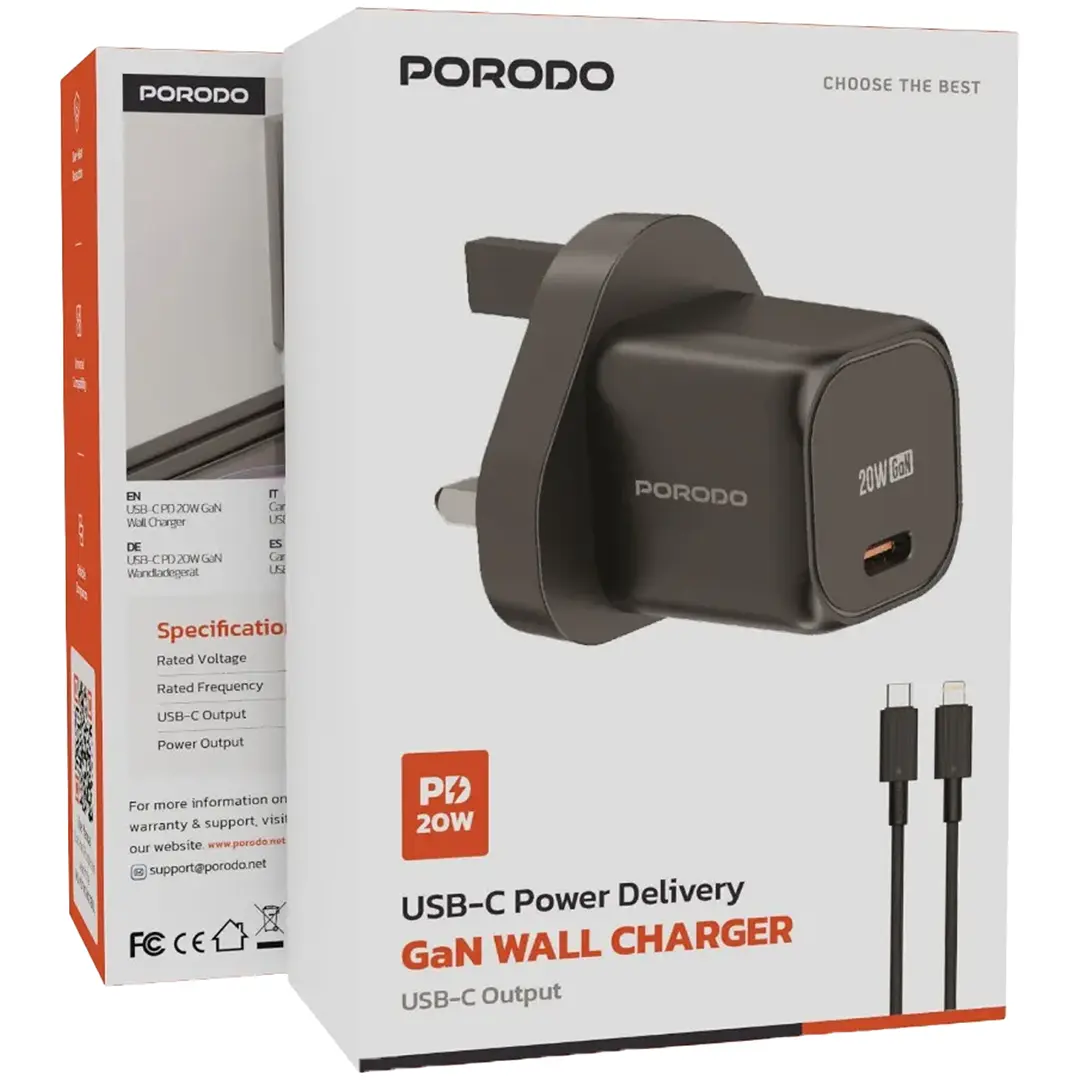 Porodo PD 20W UK Charger with USB-C to Lightning Cable – Black – Official image 2