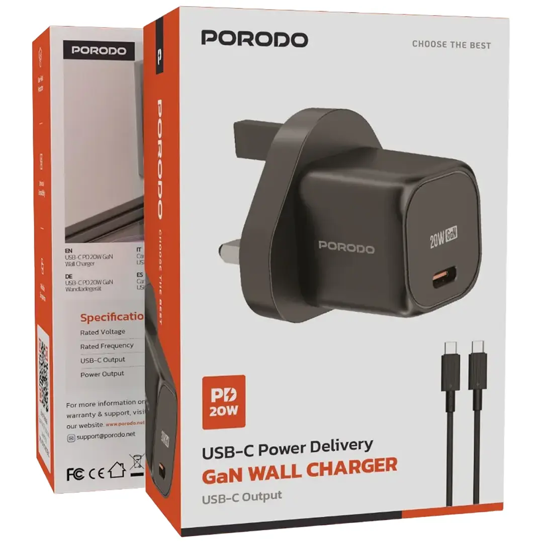 Porodo PD 20W UK Charger with USB-C to USB-C Cable – Black – Official image 2