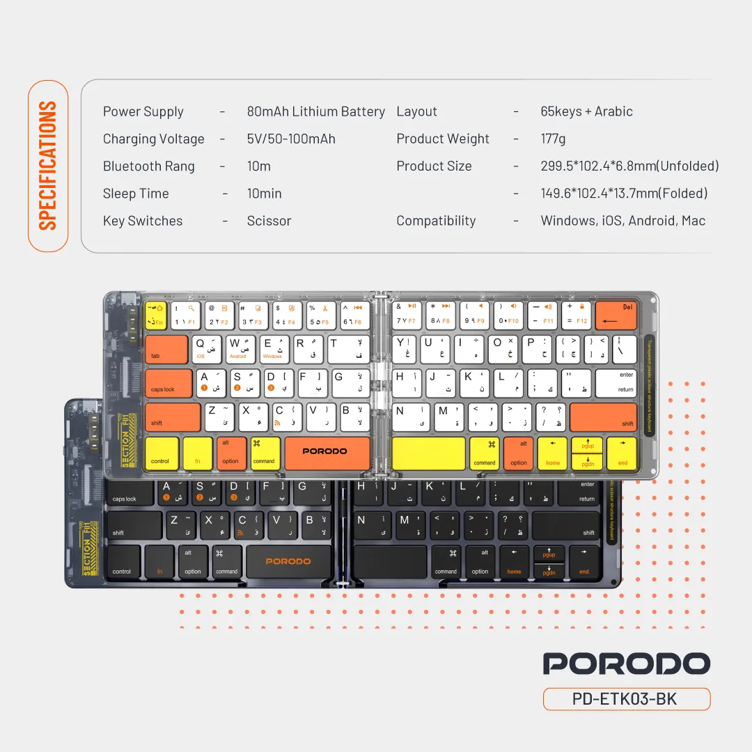 Porodo Crystal Shell Wireless Keyboard – Black – Official image 2