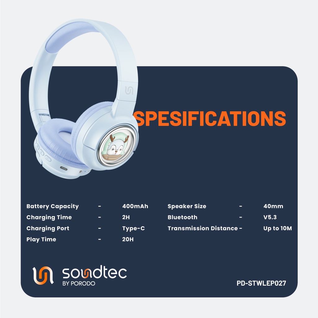 Porodo Soundtec Moose Wireless Kids Headphones – Blue – Official image 4