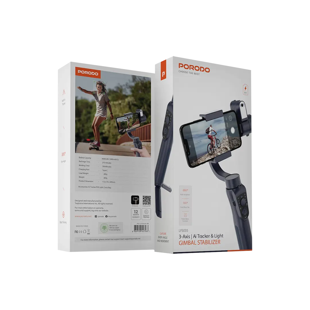 Porodo 3-Axis Gimbal with AI Tracker & Light – Black – Official image 3