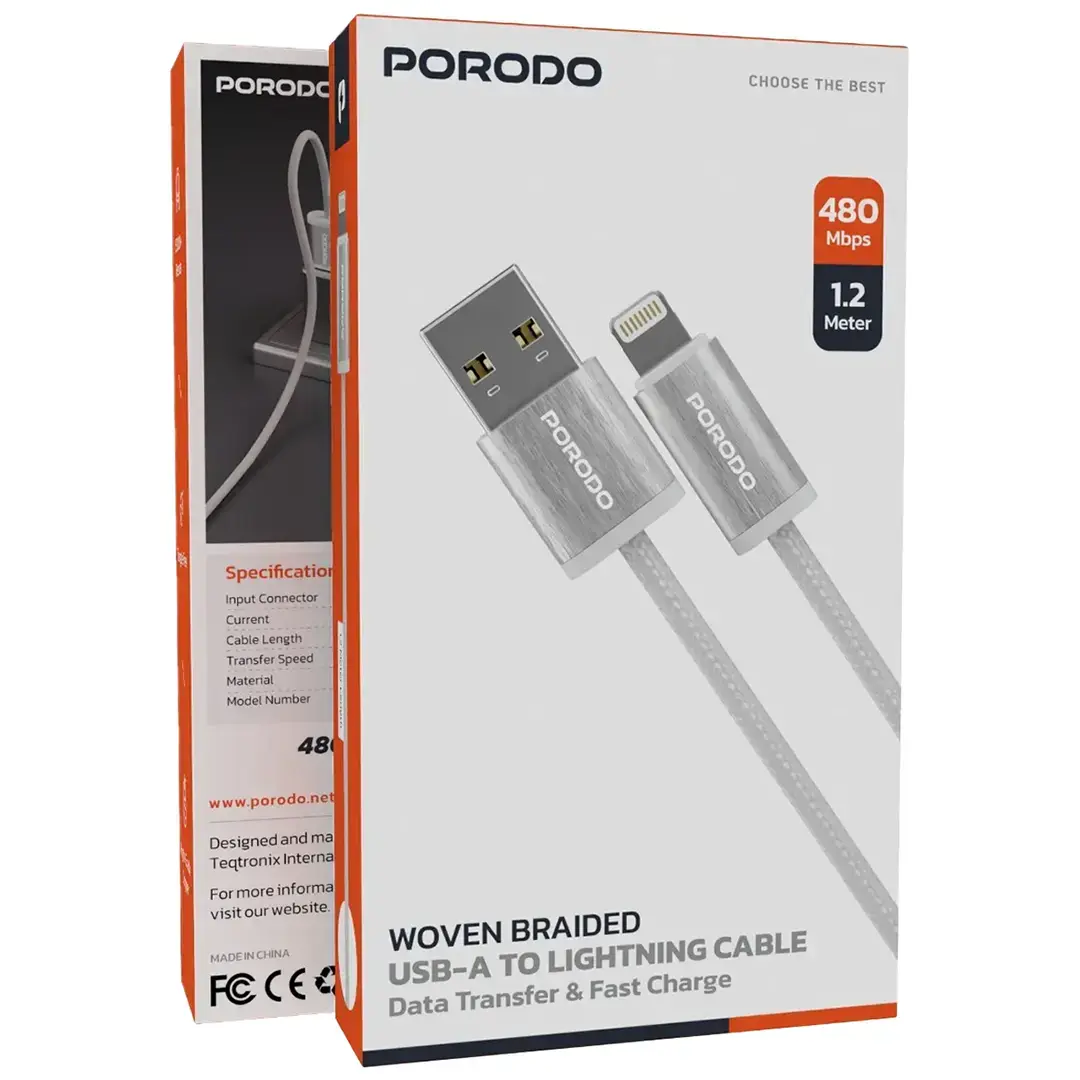 Porodo Woven Braided USB-A to Lightning Cable 1.2m – White – Official image 2