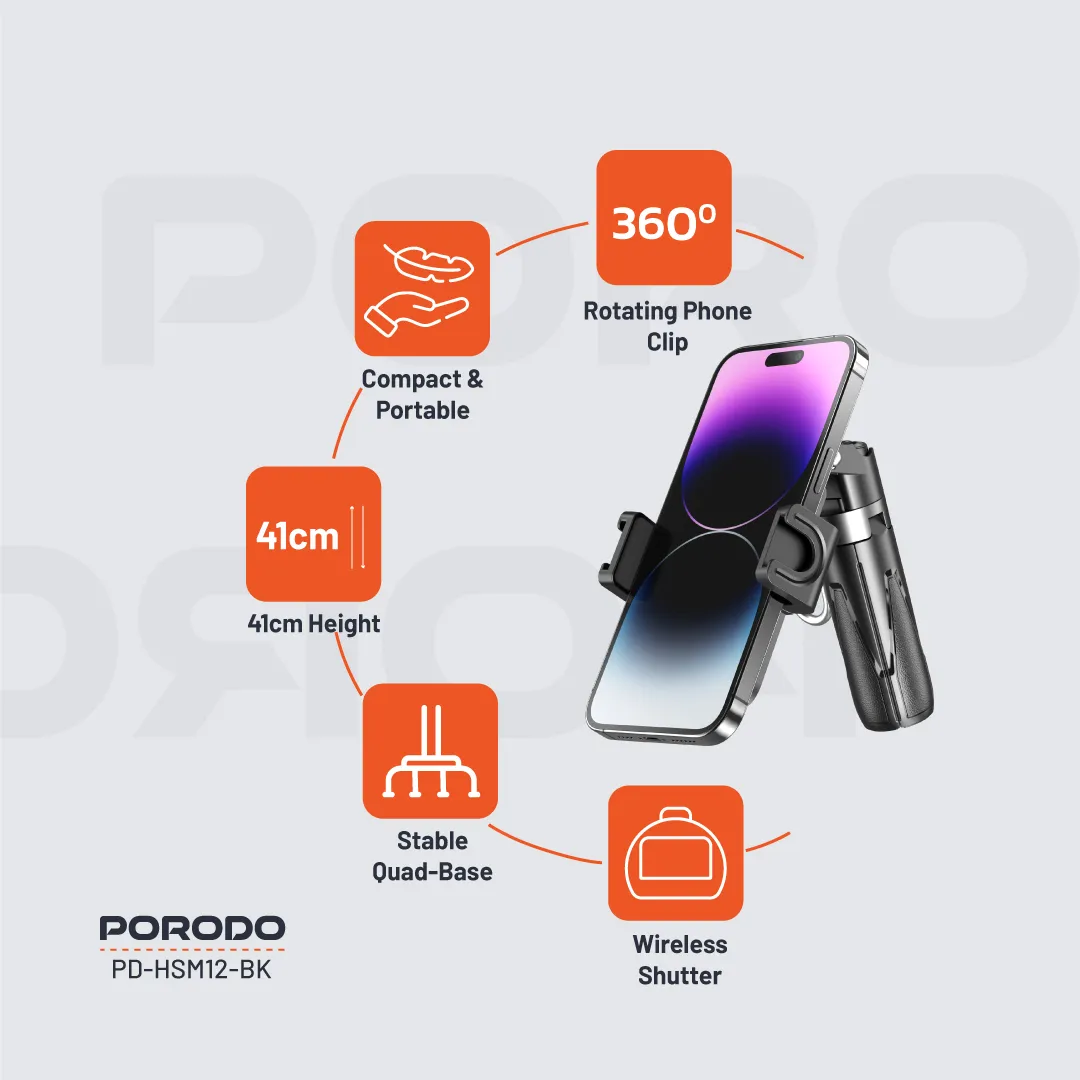 Porodo Foldable Selfie Stick with Extendable Tripod – Black – Official image 8