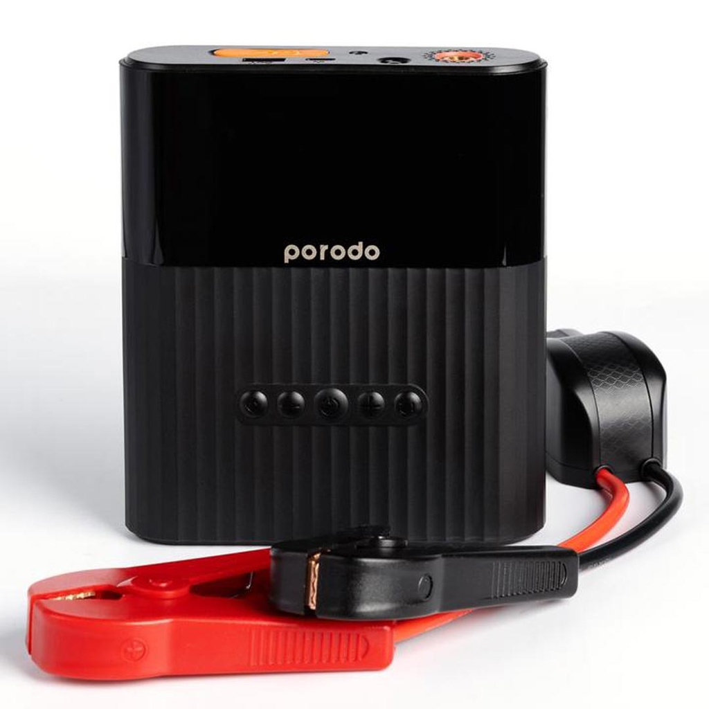 Porodo jump starter — rear view and accessories