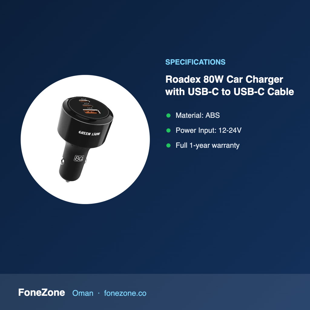 Green Lion Roadex 80W Car Charger with USB-C to USB-C Cable - Black – specifications