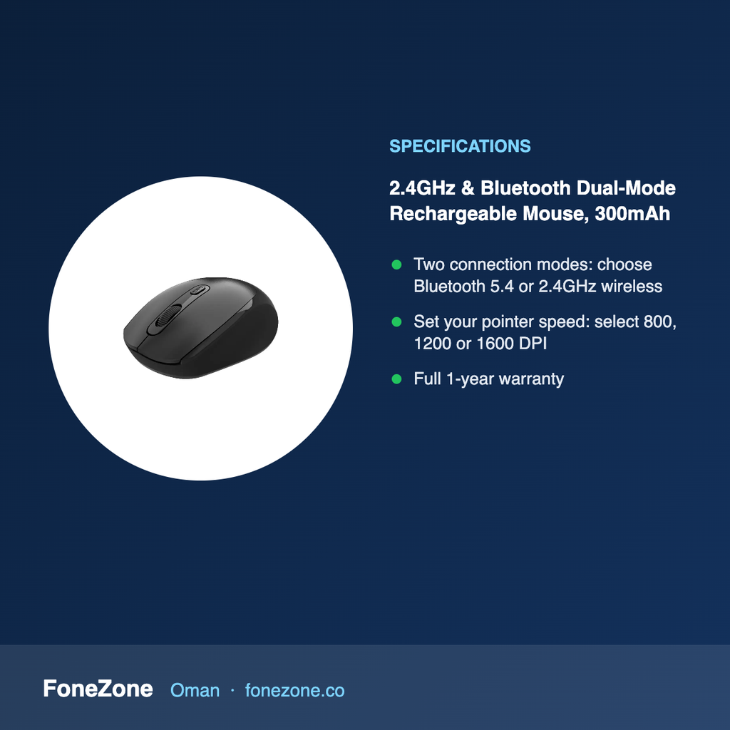 Porodo 2.4GHz & Bluetooth Dual-Mode Rechargeable Mouse, 300mAh – specifications