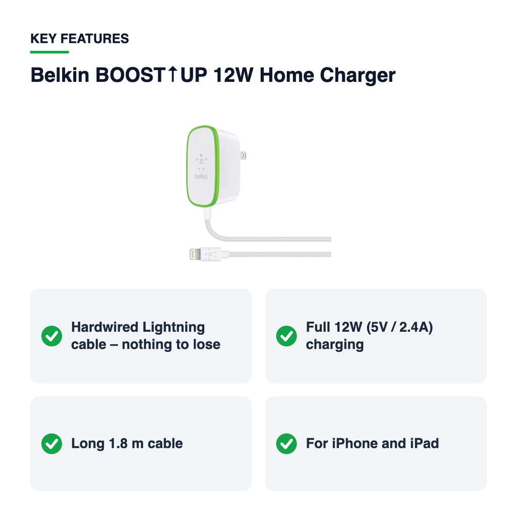Belkin BOOST↑UP Home Charger 12W with Hardwired Lightning Cable 1.8m – White – key features