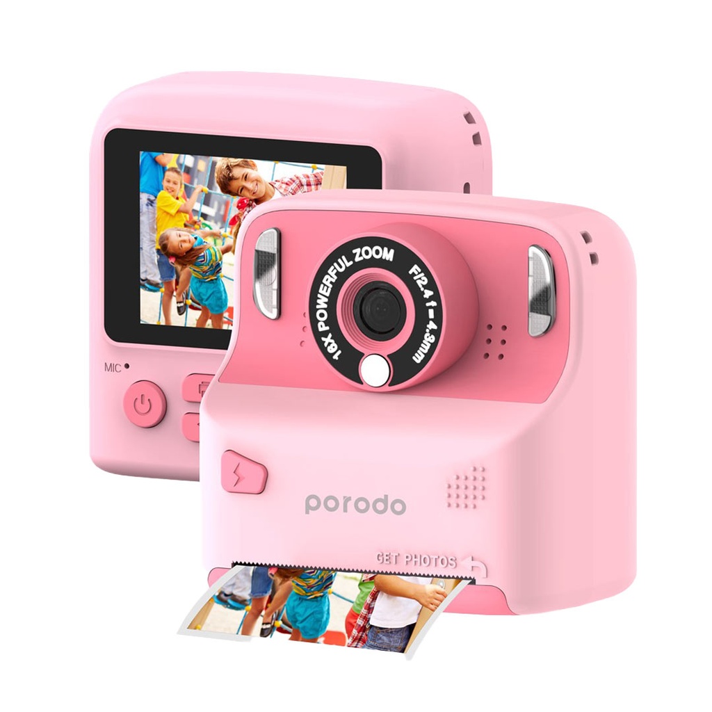 Porodo Lifestyle Kids Instant Print Camera (Thermal) – Pink – with prints