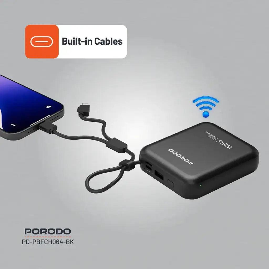 Porodo PD-PBFCH064-BK – Built-in USB-C and Lightning cables | الكابلات المدمجة