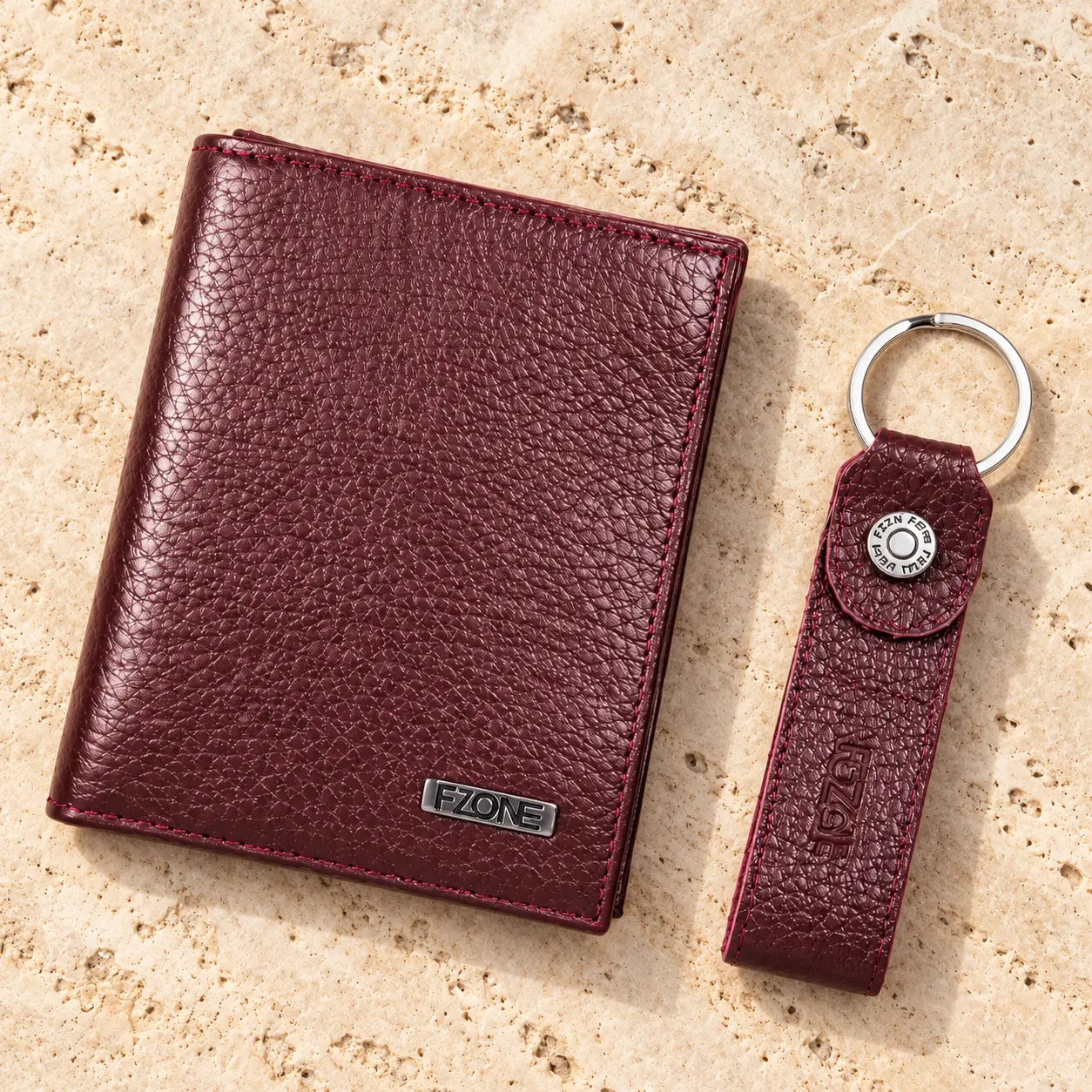FZONE Leather Fold Wallet & Keyring – Claret Pebbled | Lifestyle
