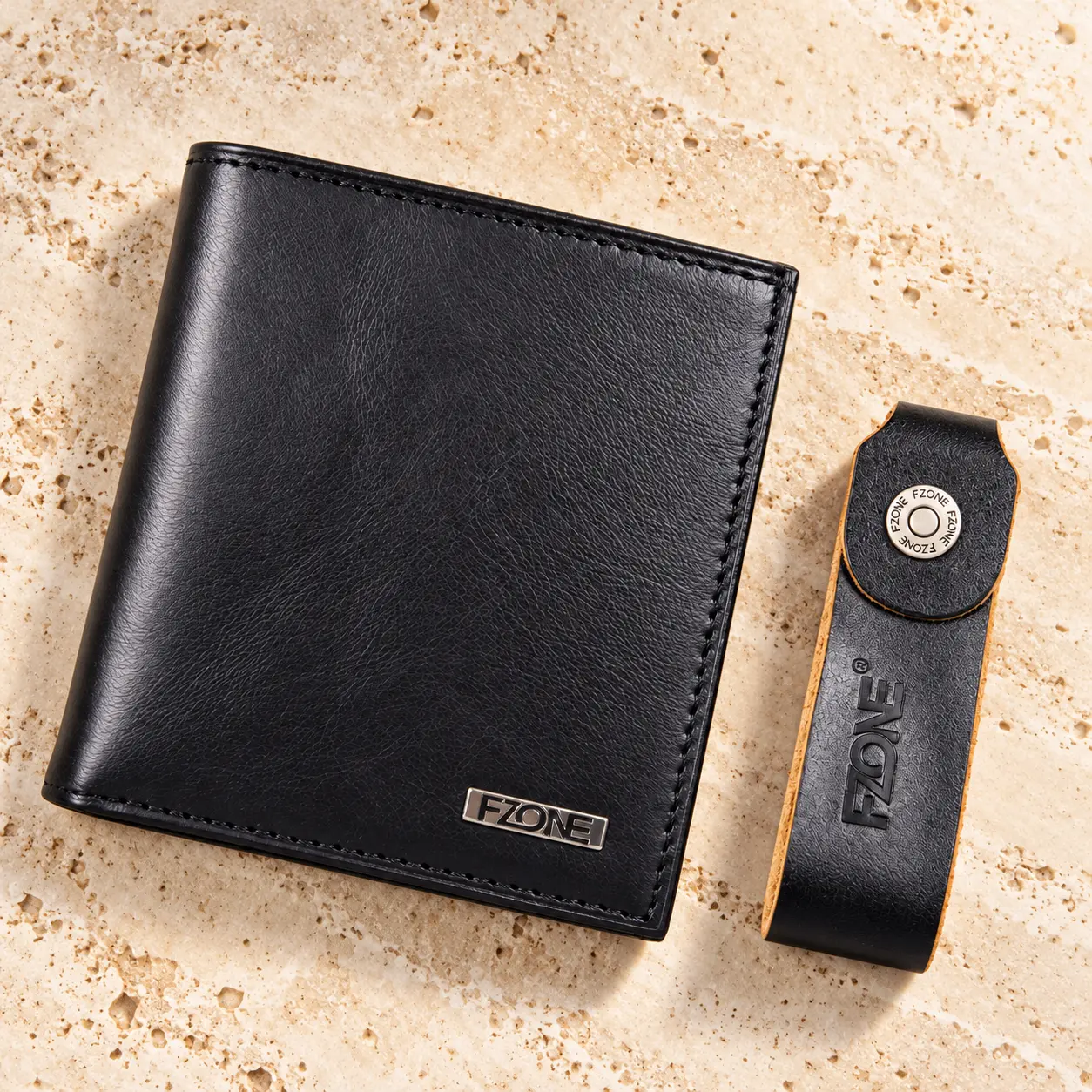 FZONE Leather Fold Wallet & Keyring – Smooth Black | Lifestyle