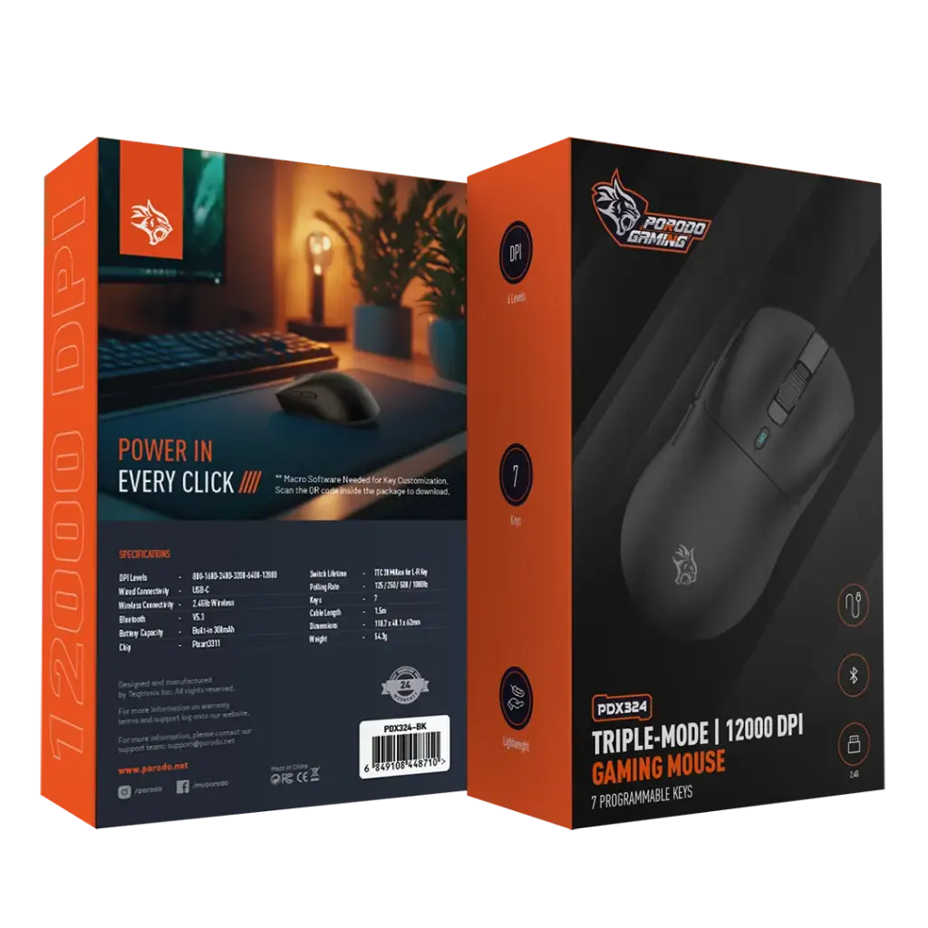 Porodo Gaming Triple-Mode 12000 DPI Gaming Mouse - Black