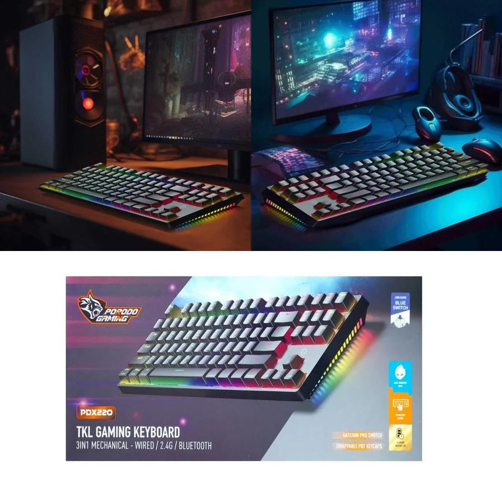 Porodo Gaming 3in1 Wireless Mechanical Keyboard TKL Gateron Switch - Black