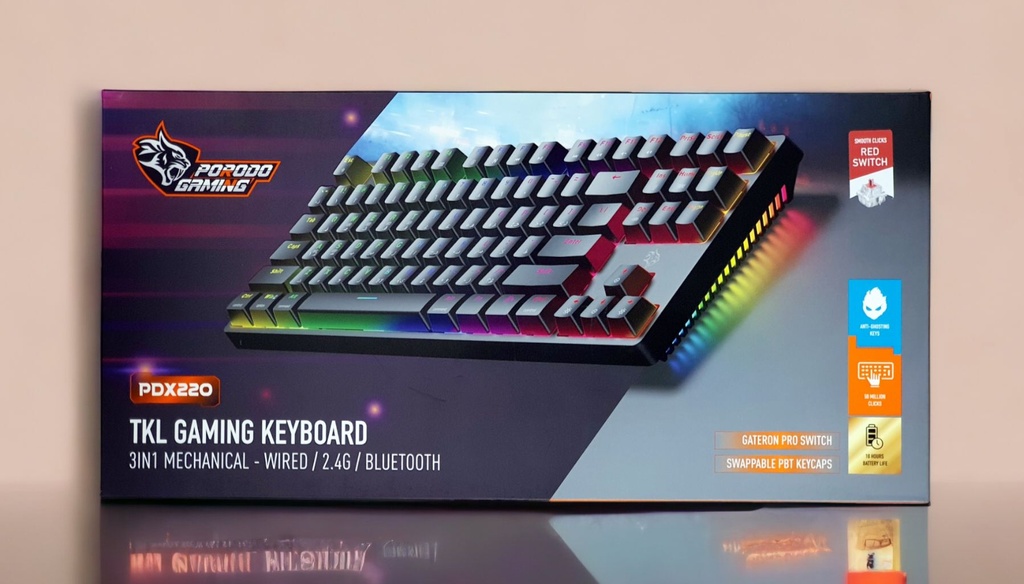 Porodo Gaming 3in1 Wireless Mechanical Keyboard TKL Gateron Switch - Black