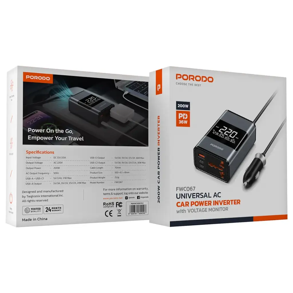 Porodo Universal 200W AC Car Power Inverter and PD30W Mobile Charging - Gray