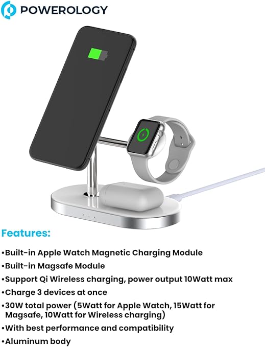 Powerology 3 in 1 MFi Charging Dock with Built-in Apple MagSafe