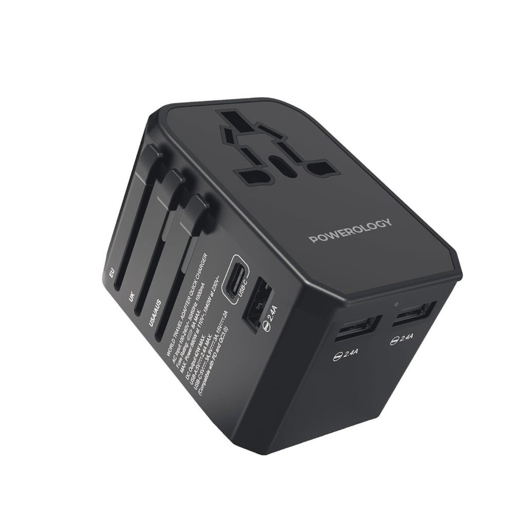 Powerology PD 45W Fast Charge + 2A USB Dual Output Universal Travel Adapter With 3 USB Ports