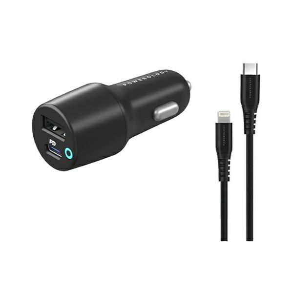 Powerology 32W Dual Port USB Car Charger with USB-C to Lightning Cable