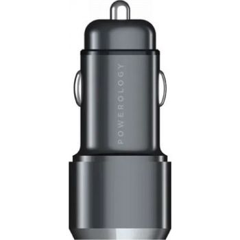 Powerology 38W Ultra Quick Car Charger, Dual Output USB-C, DC 12V-24V Input, Powerdash 3.0, Black