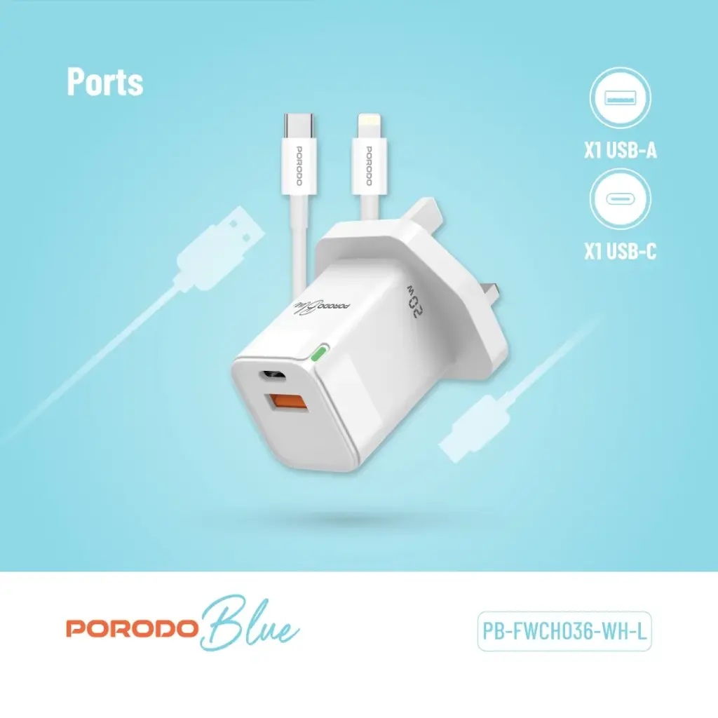 Porodo Blue Ultra-Quick Charger USB-A to USB-C (1m Lightning Cable Included) - White