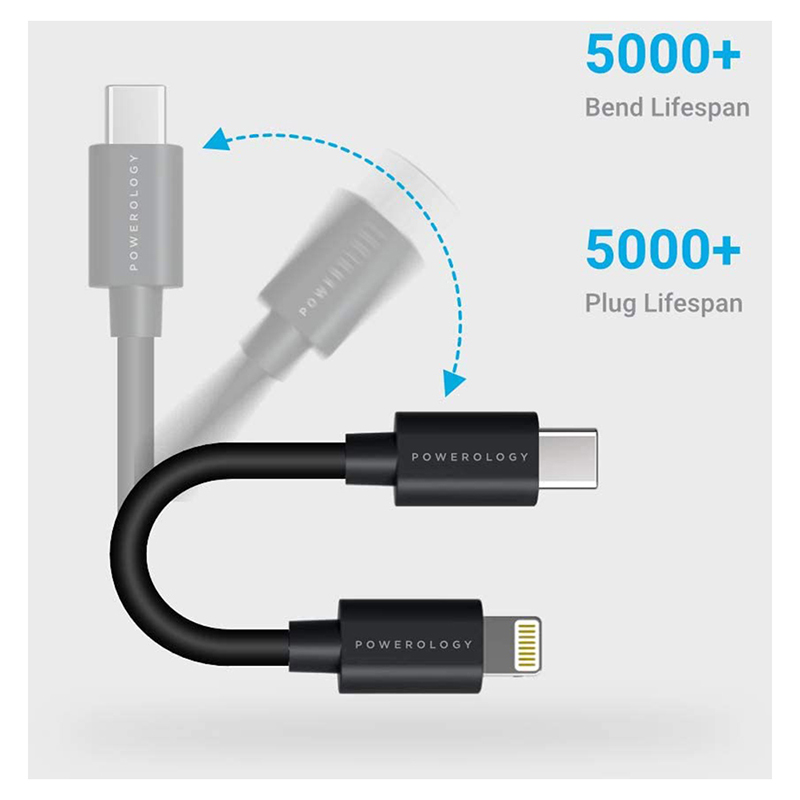 Powerology Data & Fast Charge USB-C to Lightning Cable - (0.25m/0.8ft) Black
