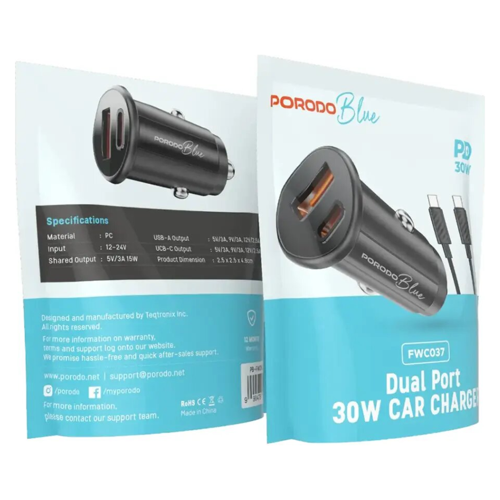 Porodo Blue 30W Dual-Port Car Charger with USB-C to USB-C Cable – Black – packaging