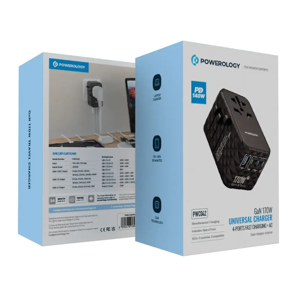 POWEROLOGY GAN 170W UNIVERSAL CHARGER 4-PORTS FAST CHARGING+AC