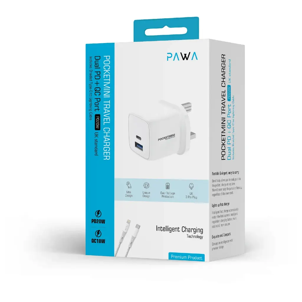 PocketMini Travel Charger Dual PD + QC Port 20W With Type-C to Lightning Cable