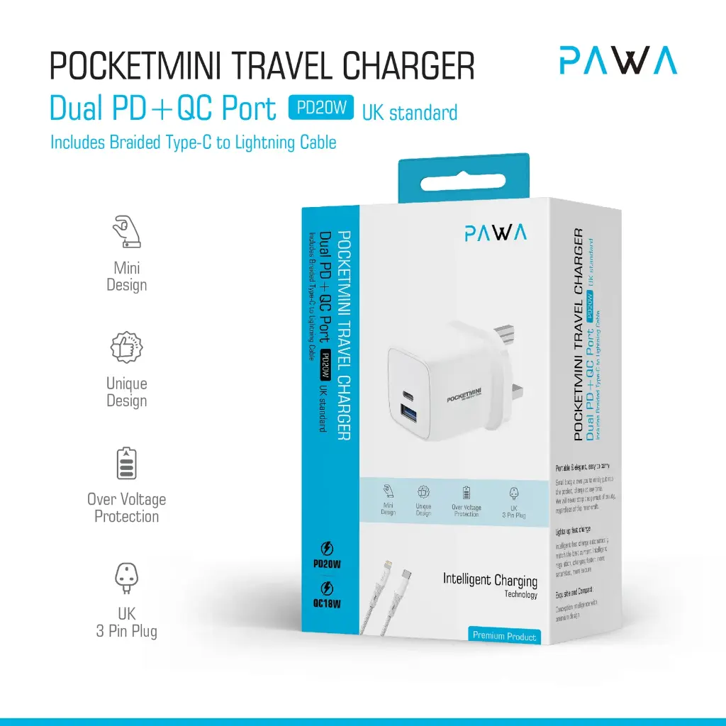 PocketMini Travel Charger Dual PD + QC Port 20W With Type-C to Lightning Cable