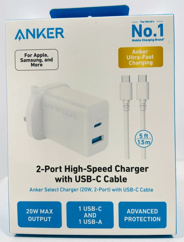 Anker 20W Dual Port High Speed Charger With USB-C Cable 
