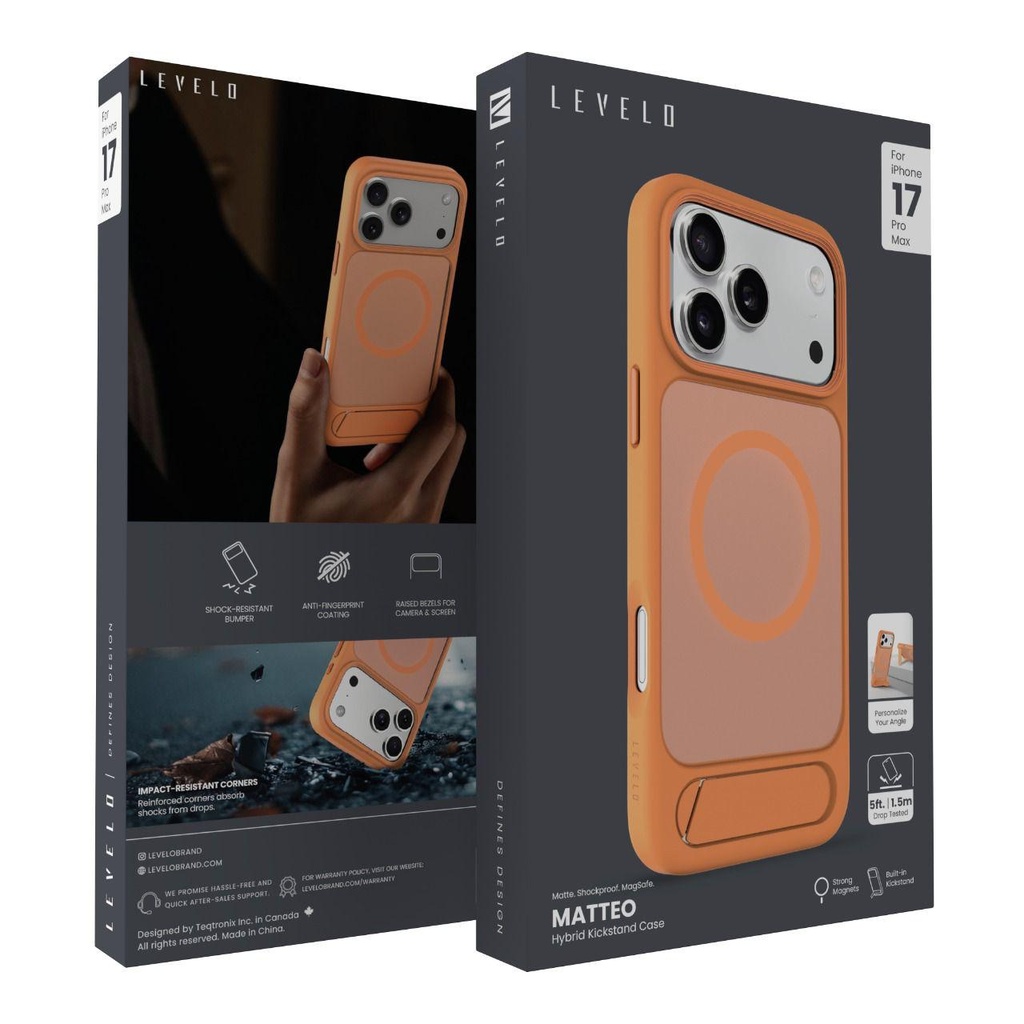 LEVELO MATTEO IPHONE 17 PRO HYBRID KICKSTAND CASE ORANGE